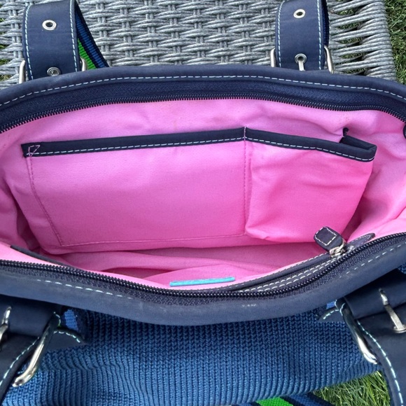 The SAK Belinda Denim Blue Knit Shoulder Bag Preppy Woven Ribbon Straps 13” x 7” - Picture 12 of 16